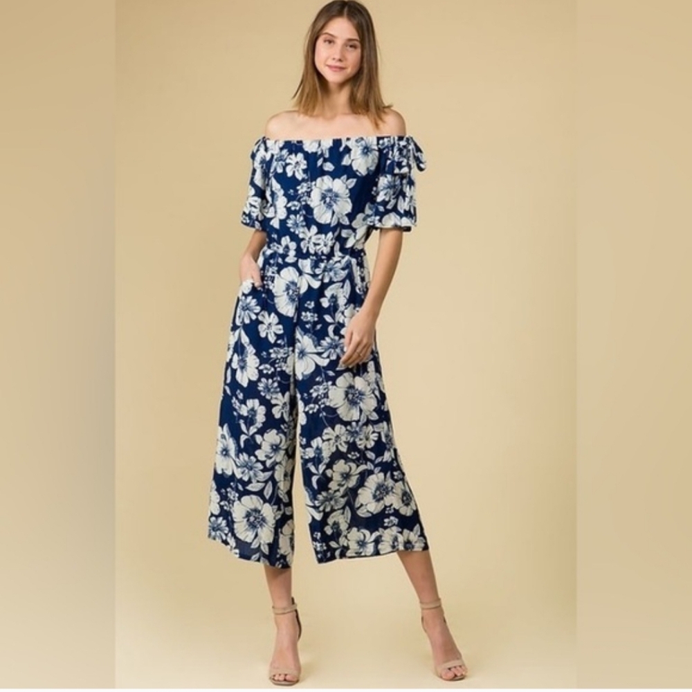 AUW Blue White Floral Tropical Wide Leg Jumpsuit w/ Pockets Shoulder Ties - Picture 15 of 16